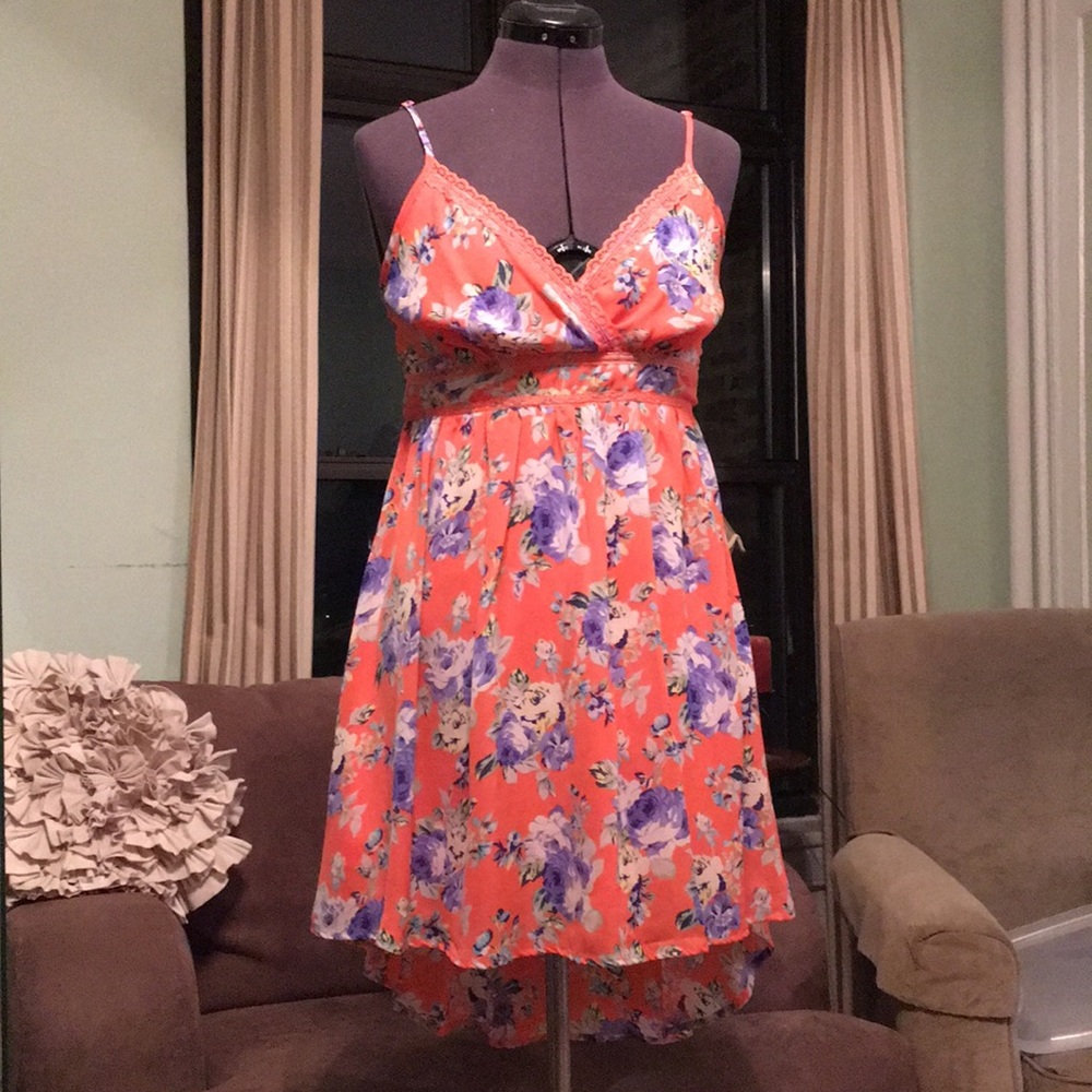 Coral Dress with Blue Flowers